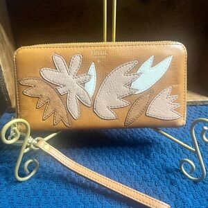 Fossil Brown Leather Wristlet with Floral Design